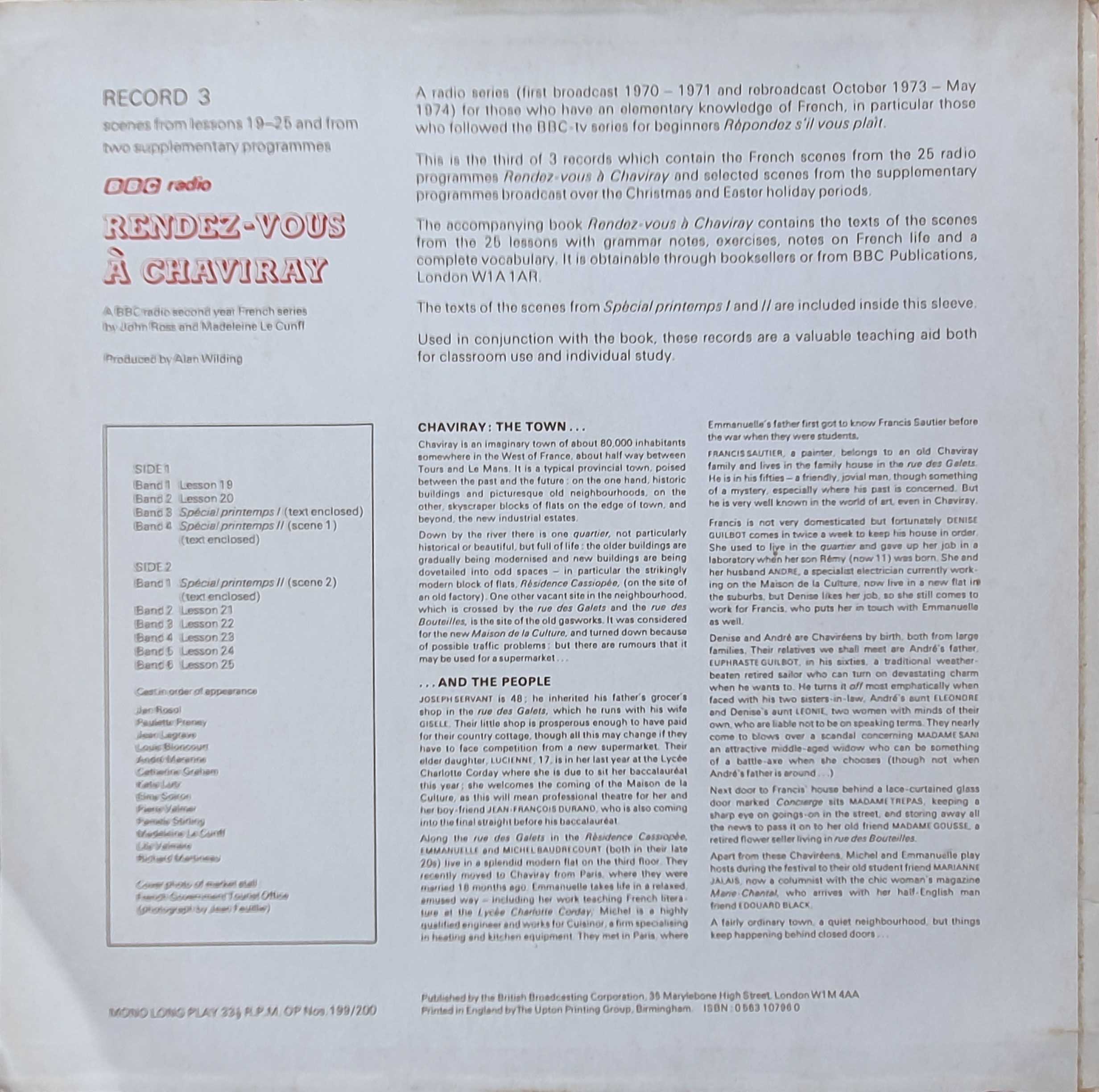 Picture of OP 199/200 Rendez-vous a Chaviray - BBC radio Second Year French - Record 3 - Lessons 19 - 25 by artist John Ross / Madeleine Le Cunff from the BBC records and Tapes library